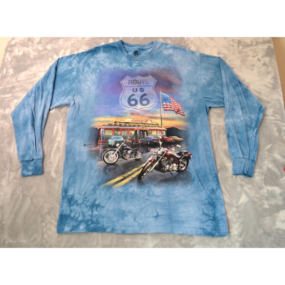 The Mountain XL T-Shirt Blue Tie Dye Route 66 Diner Motorcycle Biker Americana